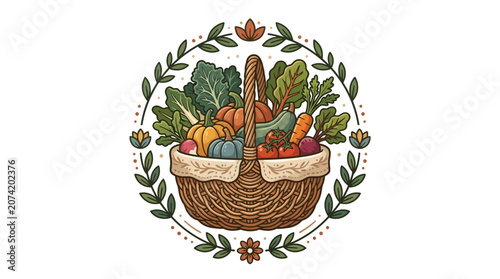 Fresh Harvest Vegetable Basket Surrounded by Floral Wreath - Healthy Food