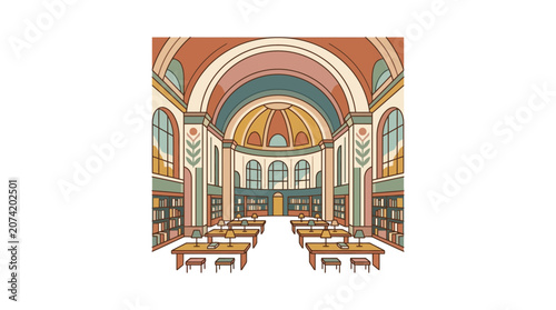 Vintage Library Interior with Arched Ceiling and Bookshelves