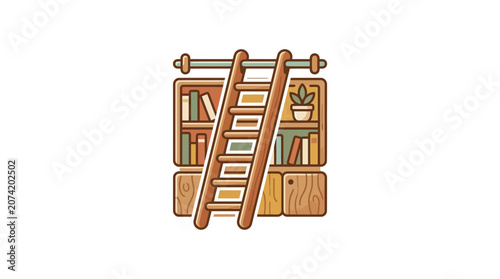 Cozy library with wooden ladder and potted plant, illustration