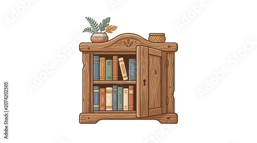 Antique Wooden Bookshelf with Open Door and Assorted Books, Decorative Items