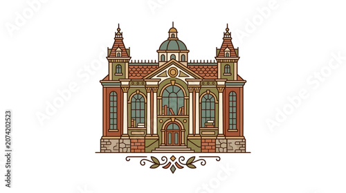 Ornate Historical Building Facade with Dome and Towers, Vintage Architectural Illustration