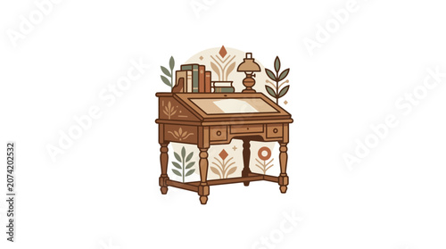 Vintage Writing Desk with Books and Lamp, Decorative Floral Elements