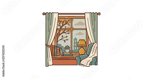 Cozy Autumn Window View: Armchair, Books, Blanket, and Fall Foliage