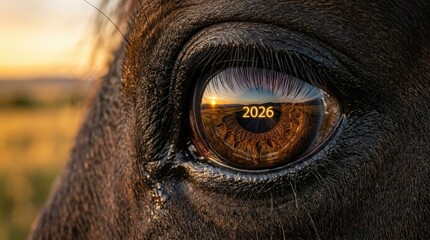 Eye of a Cow with a Sunset Reflection Showing the Year 2026 Featuring Animal, Close-Up, Nature with Rural and Farm Elements