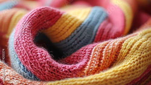 Colorful knitted wool yarn texture with intricate pattern details