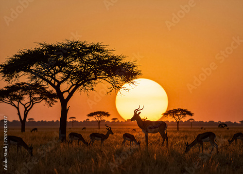 The African savannah at sunset. Antelopes with large, curved horns. Day turns to night