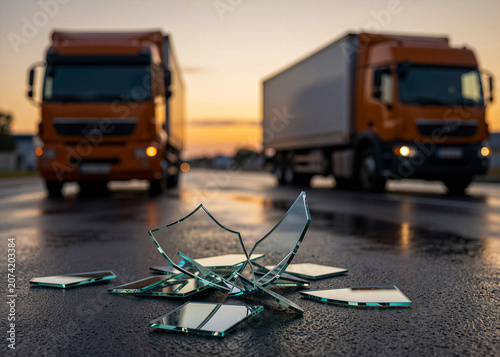 Broken glass on wet asphalt at dusk with trucks in the background, soft focus