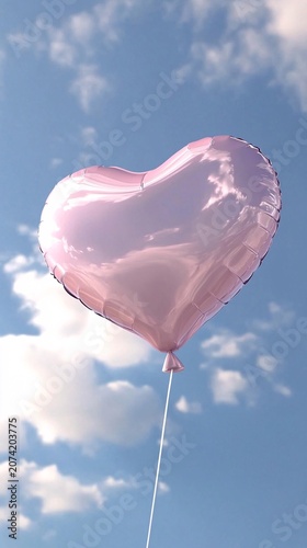 Romantic Heart Shape in Blue Sky with Clouds and Balloons, Valentine Day Love Concept