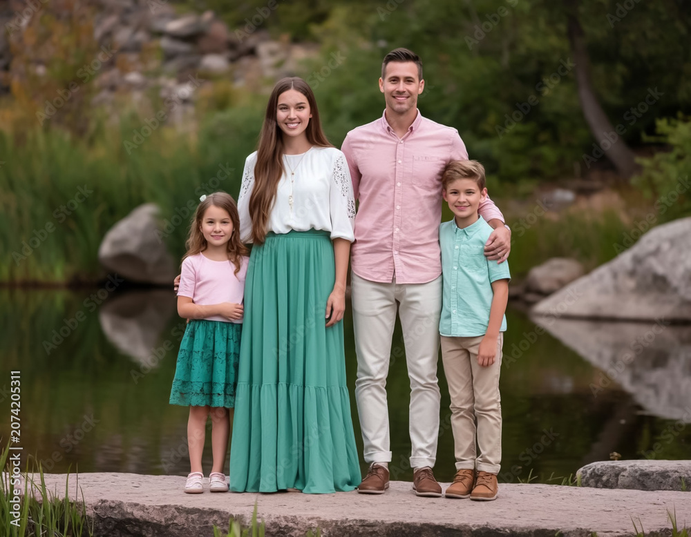 Fototapeta premium Wardrobe Lookbook for Family Photography, Beige Blue and White Tones for Natural Outdoor Posing Theme