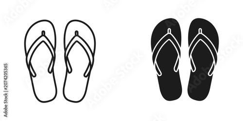 Tableau sur toile Set of flip flop icons in outline and solid black styles for summer beach travel