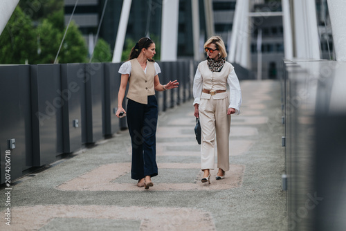 Canvastavla Two businesswomen walk and talk across a modern pedestrian bridge, dressed in professional attire