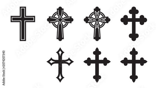 Obraz na płótnie Cross Icons Set with Decorative Outline and Filled Black Design for Religious Sy