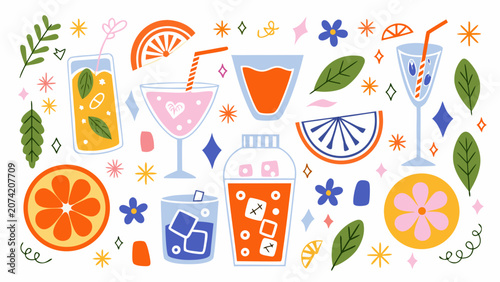 Cocktail and citrus fruit collection a colorful vector illustration with a white background beverage