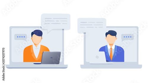 Slika na platnu Two professionals communicating via video conference on laptops flat vector illu