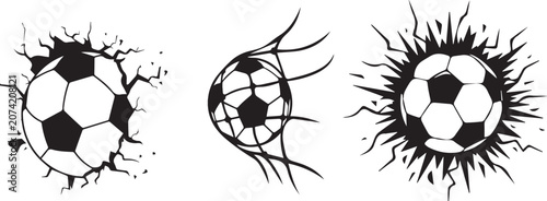 Bild auf Leinwand Black and white vector illustration set of soccer balls breaking through walls and hitting a goal net isolated on white background