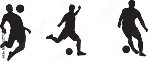 Fotografie Black silhouettes set of soccer players kicking, heading, and dribbling a football ball isolated on white background