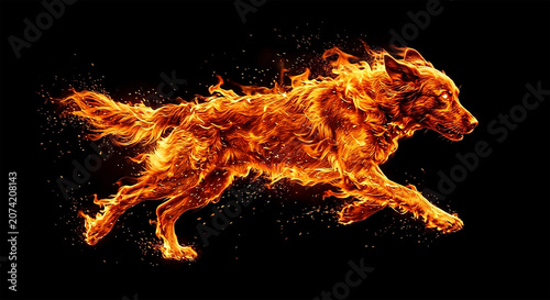 Dog running through flames in a creative artwork showing fire and energy in a dark background