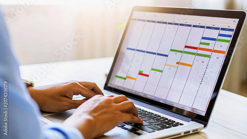 Obraz na plátně Business person typing on laptop with a colorful gantt chart for project managem