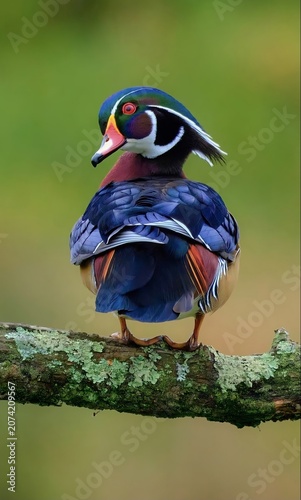 Foto A magnificent male Wood Duck perched on a mossy moss-covered branch looking over its shoulder