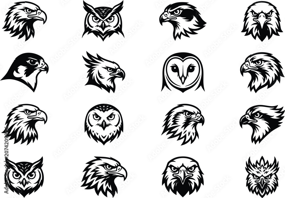 Obraz premium Collection of various bird head logos and icons in black and white