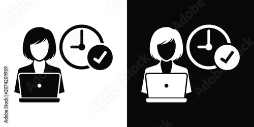 фотографія Businesswoman working on laptop with clock and checkmark