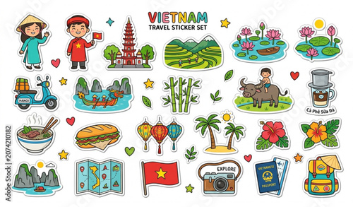Tableau sur toile Cute Vietnam travel stickers set with kawaii vietnamese culture icons