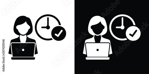 Fotografie Businesswoman working on laptop with clock and checkmark