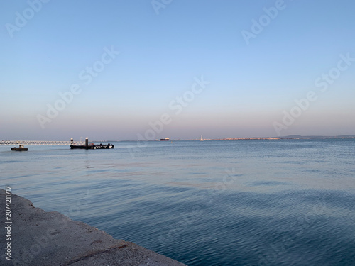 Lisbon, Portugal, Tejo Promenade along the Tagus River with panoramic water view