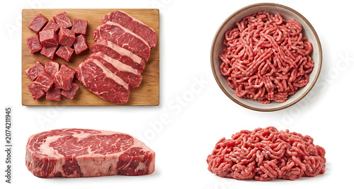 Set of fresh raw beef cuts including steak ribeye and ground beef isolated on white