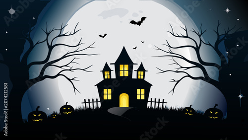 Fotografie Haunted house illustration with glowing windows and jack o lanterns against a mo