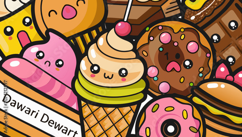 Foto Kawaii Dessert Pattern A Colorful Vector Illustration Featuring Smiling Sweets A
