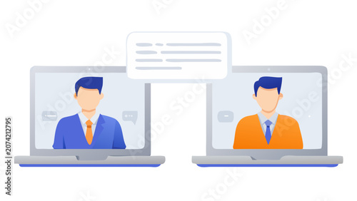 Two People Video Conferencing On Laptops Flat Vector Illustration With Communication Elements collaboration computer