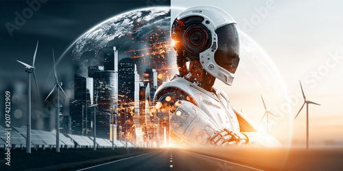 Futuristic robot overseeing sustainable city with renewable energy