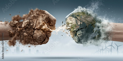 Environmental Conflict Concept with Earth and Soil Fists