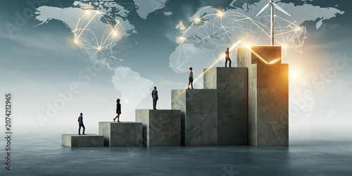 Businesspeople climbing growth steps with global connectivity