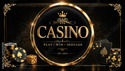 A luxurious casino-themed poster featuring a glossy black circular plaque with golden edges, centered against a dark background