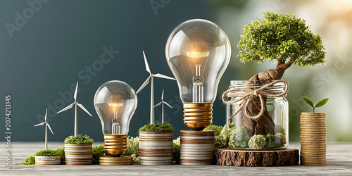 Eco-friendly energy growth concept with light bulbs, wind turbines, and money stacks