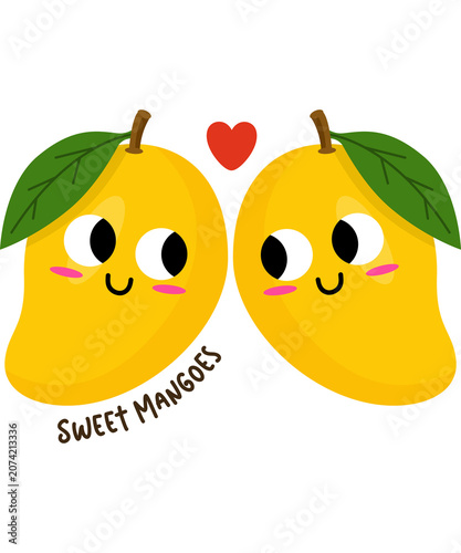 Cute mango couple in love with red heart, kawaii fruit best friends vector illustration sticker
