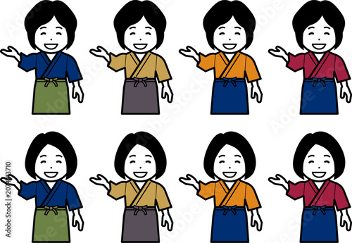 [髪型違い] 「こちらへ」と作務衣に前掛けの女性のアイコン