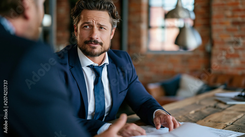 Real estate negotiator using body language and document placement strategy during seller counteroffer session, industrial-converted office space setting, raw brick interior, deal tension, profession