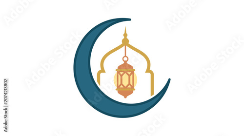 Minimalist Flat Design Ramadan Spiritual Mosque Dome Crescent Moon Icon in White Silhouette Style for Festive Season
