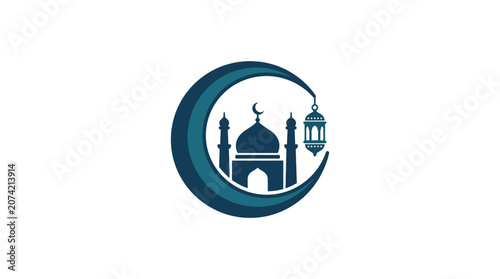Minimalist Flat Design Ramadan Spiritual Concept Icon Featuring Mosque Dome Silhouette Inside Crescent Moon White