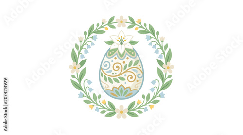 Minimalist flat design religious Easter egg icon crowned with spring flowers for holiday celebration