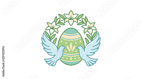 Minimalist flat design religious Easter egg icon with lily decoration in white space spring celebration symbol