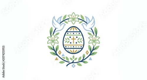 Minimalist flat design religious Easter icon featuring a beautifully decorated egg nestled within a delicate white lily flower symbolizing purity and resurrection