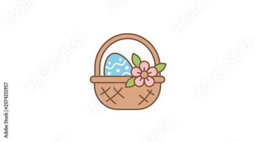 Minimalist flat design religious Easter icon featuring a spring basket with a beautifully decorated egg symbolizing faith and renewal in a clean white space perfect for holiday celebrations