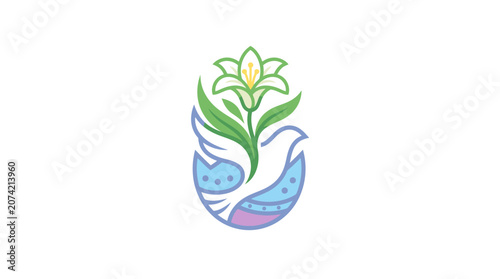 Minimalist flat design religious Easter icon featuring a single spring lily blossom emerging from an ornate decorative chalice symbolizing faith renewal and resurrection in a clean white spa