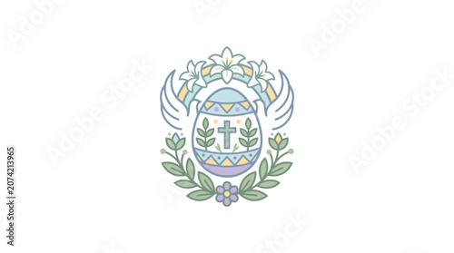 Minimalist flat design religious Easter icon featuring a single decorated spring egg adorned with delicate lily flowers in soft pastel colors on a clean white canvas perfect for holiday cele
