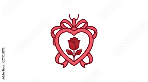 Minimalist flat design romantic Valentine's Day heart icon with enclosed rosebud in white space elegant love symbol for holiday celebration