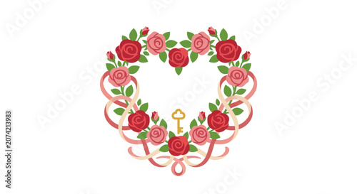 Minimalist flat design romantic Valentine's Day blooming rose wreath icon in elegant white for holiday celebration and love theme